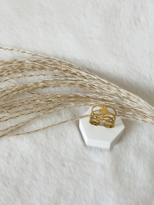 Eleganter goldener Ring mit filigranen Details und geschwungenem Design – edler Statement-Ring mit luxuriöser Struktur, ideal zum Kombinieren oder als Blickfang – Javi Jewelery