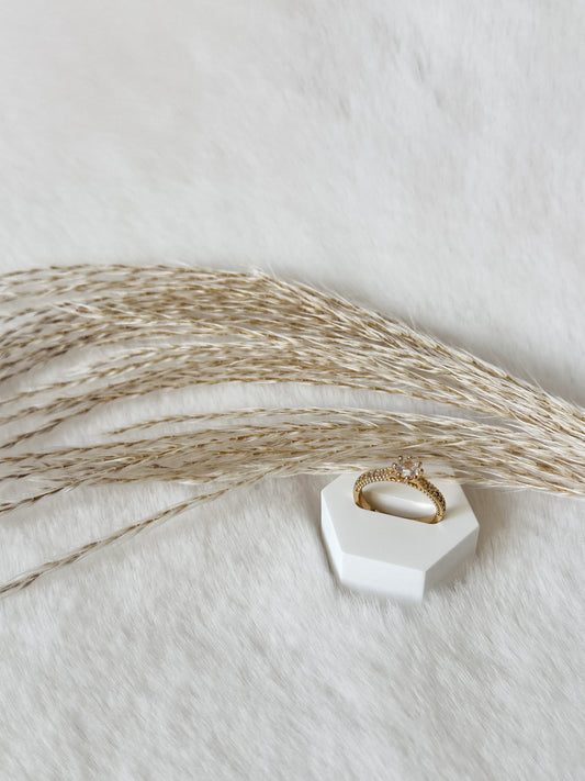 Goldener Ring mit funkelndem Zirkonia-Solitär und feiner Steinreihe – luxuriöser, femininer Schmuck mit edlem Glanz – Javi Jewelery